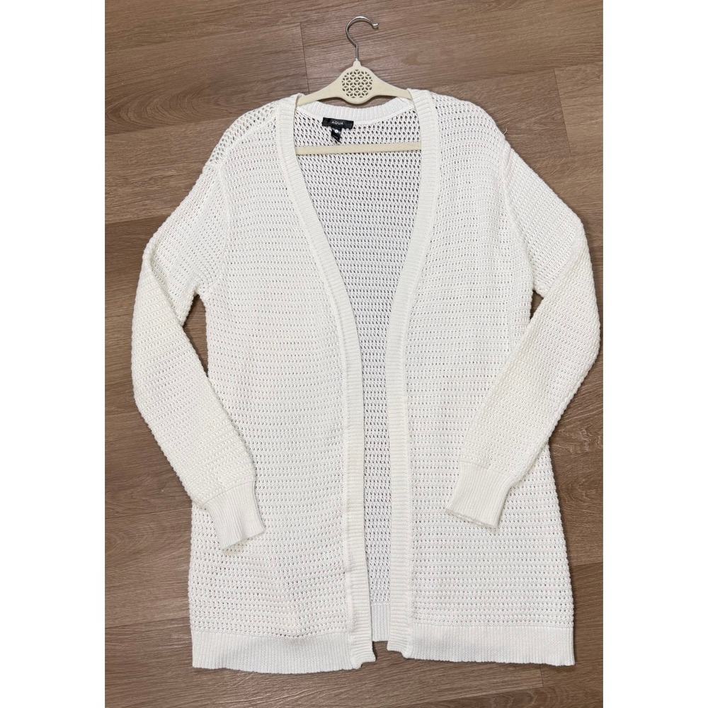 AQUA White Open Knit Long Cardigan Women's L Cotton Blend Coastal Minimalist - Picture 2 of 6
